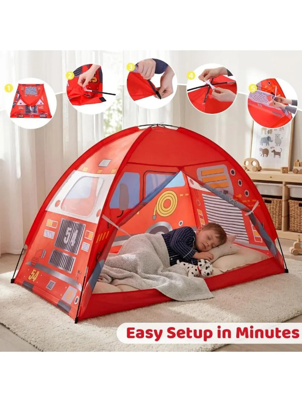 Twin Bed Tent Canopy - Red Fire Truck Play Tent for Kids, Foldable Pop Up Bed